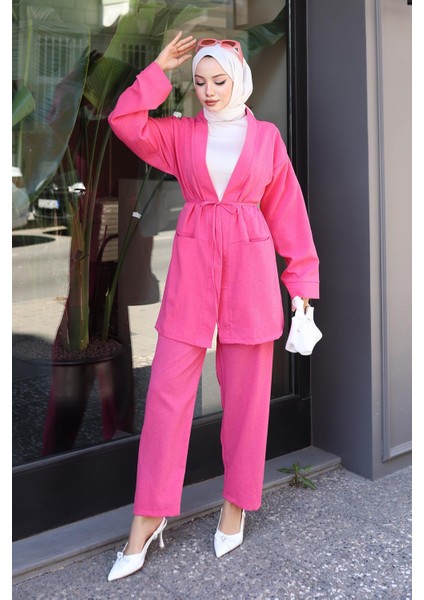 Cep Detaylı Kimono Takım Fuşya