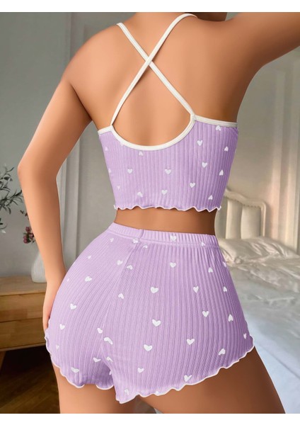 Beyaz Kalp Baskılı Mor Şort Crop Gecelik Pijama Takımı