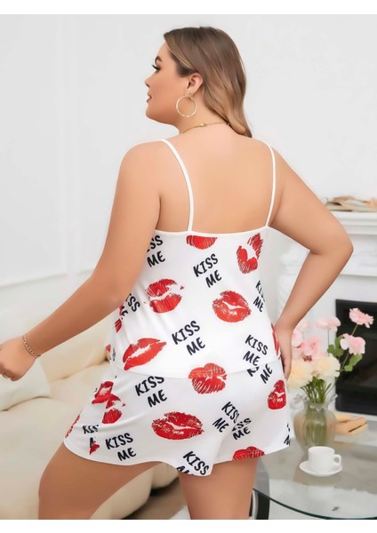 Büyük Beden Askılı Baskılı Şort Crop Gecelik Pijama Takımı