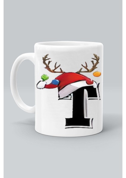 T Geyik Harf Noel Yılbaşı Yeni Yıl Tasarım Baskılı Beyaz Klasik Kupa Bardak