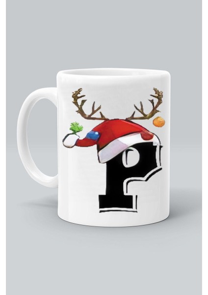 P Geyik Harf Noel Yılbaşı Yeni Yıl Tasarım Baskılı Beyaz Klasik Kupa Bardak