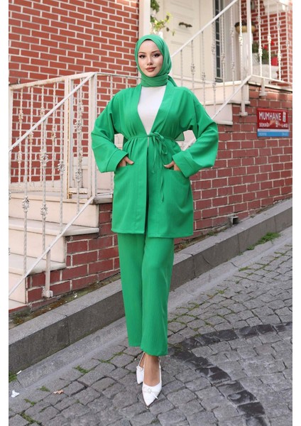 Cep Detaylı Kimono Takım Zümrüt