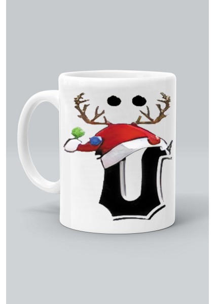 Ü Geyik Harf Noel Yılbaşı Yeni Yıl Tasarım Baskılı Beyaz Klasik Kupa Bardak