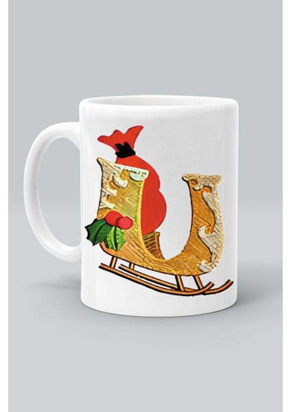 U Harf Noel Yılbaşı Yeni Yıl Tasarım Baskılı Beyaz Klasik Kupa Bardak