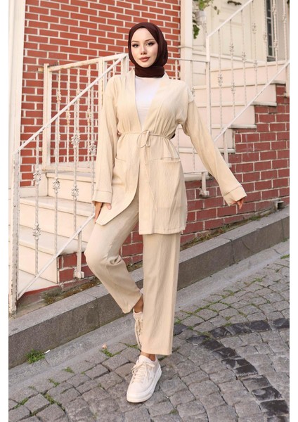 Cep Detaylı Kimono Takım Bej