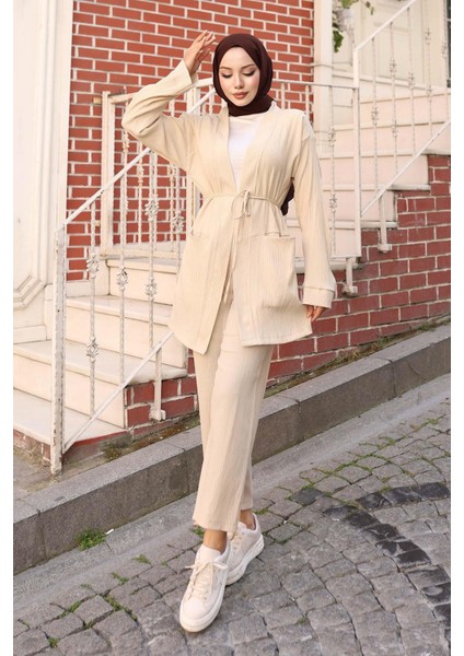 Cep Detaylı Kimono Takım Bej modelleri