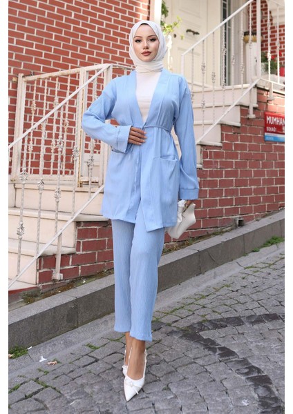 Cep Detaylı Kimono Takım Bebe Mavisi