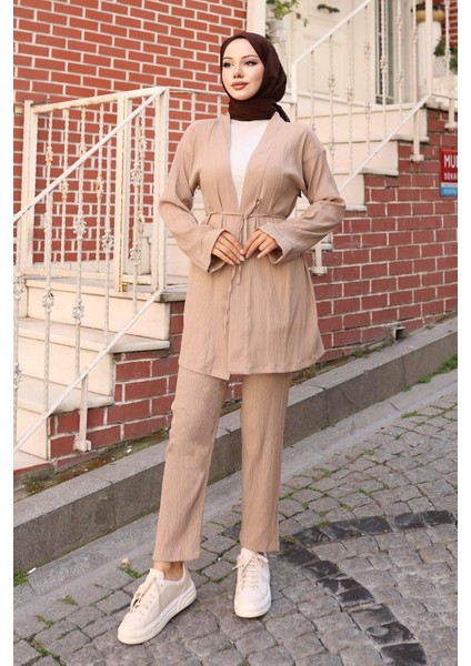 Cep Detaylı Kimono Takım Vizon