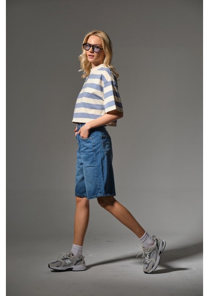 Toka Detaylı Bol Kesim Rahat Baggy Jean Kot Salaş Kadın Bermuda Diz Altı Denim Şort @casoria modelleri