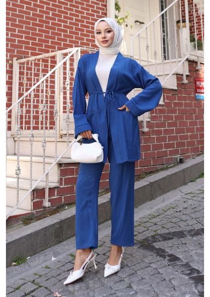 Cep Detaylı Kimono Takım Indigo