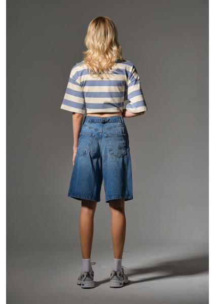 Toka Detaylı Bol Kesim Rahat Baggy Jean Kot Salaş Kadın Bermuda Diz Altı Denim Şort @casoria indirimleri