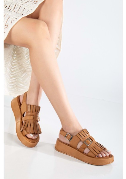 Kadın Deri Püsküllü Tokalı Sandalet - Taba fiyatları