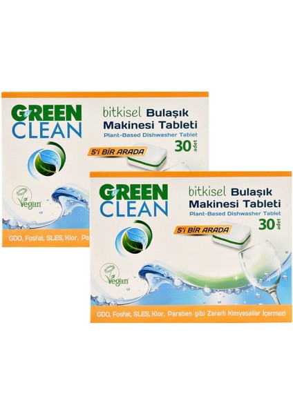 Green Clean Bitkisel Bulaşık Makinesi Tableti 5'i Bir Arada 30 Adet / 480GR