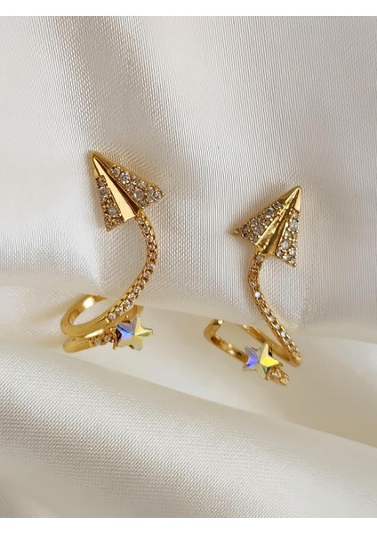 Ejderha Kuyruk Yıldız Model Sıkıştırmalı Kıkırdak Gold Renk Sağ Kulak Küpe