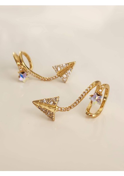 Ejderha Kuyruk Yıldız Model Sıkıştırmalı Kıkırdak Gold Renk Sağ Kulak Küpe