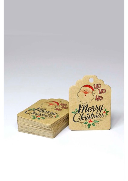 Noel Baba Temalı Yeni Yıl Etiketi -Merry Christmas -Kraft Yılbaşı Hediye Etiketi (4,5x6 Cm) 50 Adet