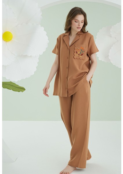Nakışlı Müslin Önden Düğmeli Pijama Takım