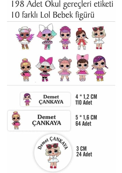 Isim Baskılı Defter Kalem Okul Etiketi ( 198 Adet Lol Bebek Temalı ) fiyatları
