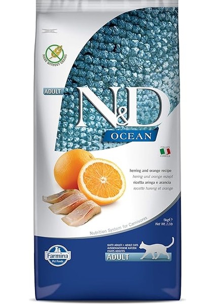 N&d Ocean Kuru Kedi Maması, Ringa Balığı ve Portakallı, Yetişkin, 5 kg