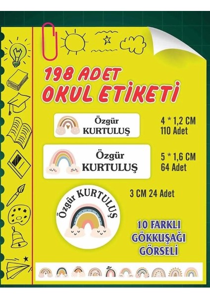 Kişiye Özel Gökkuşağı Baskılı Etiket ( 198 Adet Defter Kalem Okul Etiketi )