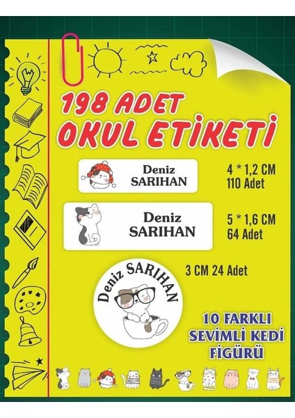 Isim Baskılı Defter Kalem Okul Etiketi ( 198 Adet Sevimli Kedi Temalı )