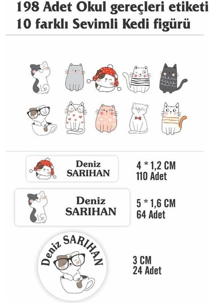 Isim Baskılı Defter Kalem Okul Etiketi ( 198 Adet Sevimli Kedi Temalı ) fiyatları
