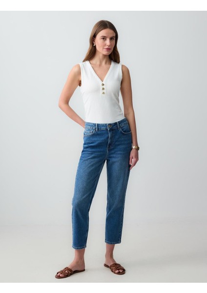 Mid Rodeo Düz Kesim Yüksek Bel Normal Paça Denim Pantolon