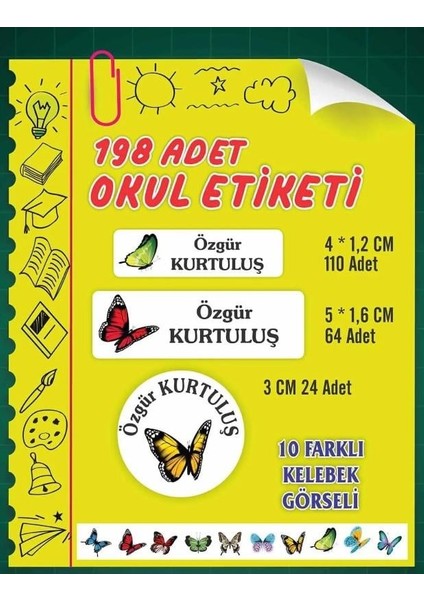 Kişiye Özel Kelebek Temalı Etiket ( 198 Adet Defter Kalem Okul Etiketi )