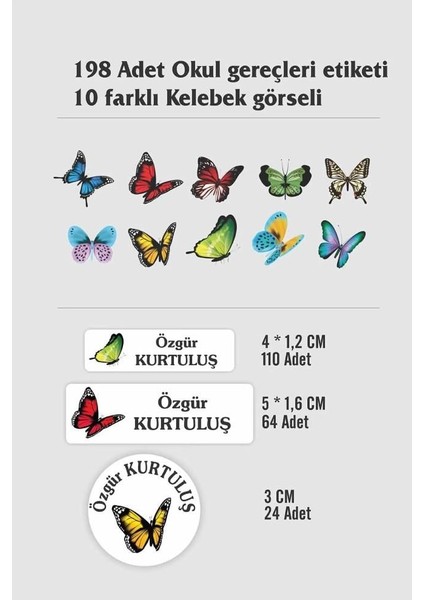 Kişiye Özel Kelebek Temalı Etiket ( 198 Adet Defter Kalem Okul Etiketi ) fiyatları