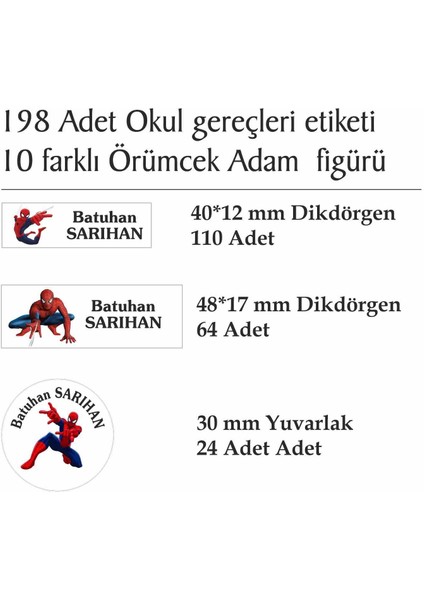 Isim Baskılı Defter Kalem Okul Etiketi ( 198 Adet Örümcek Adam Temalı ) fiyatları