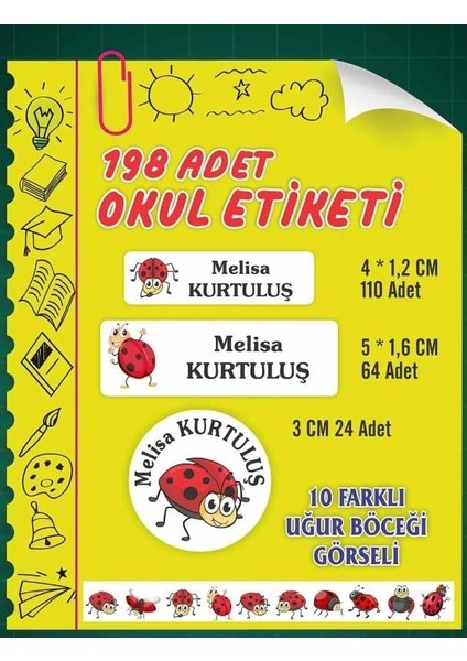 Kisiye Özel Uğur Böcegi Baskili Etiket ( 198 Adet Defter Kalem Okul Etiketi )