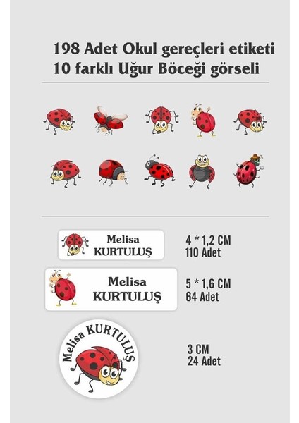 Kisiye Özel Uğur Böcegi Baskili Etiket ( 198 Adet Defter Kalem Okul Etiketi )