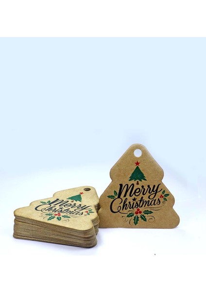 Çam Ağacı Temalı Yeni Yıl Etiketi -Merry Christmas-Kraft Yılbaşı Hediye Etiketi (5,5x5,5 Cm)50 Adet modelleri