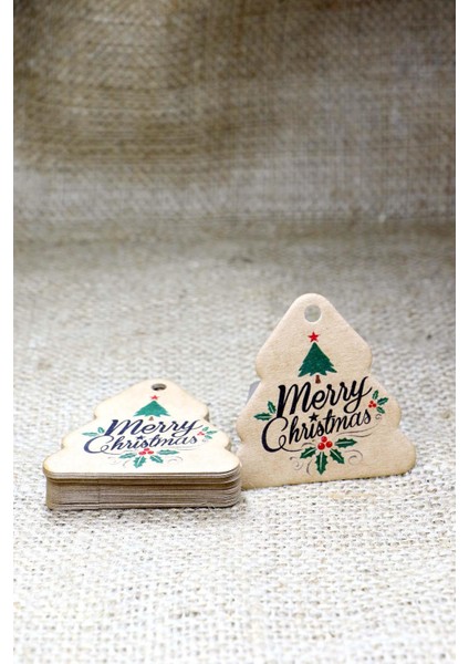 Çam Ağacı Temalı Yeni Yıl Etiketi -Merry Christmas-Kraft Yılbaşı Hediye Etiketi (5,5x5,5 Cm)50 Adet fırsatları
