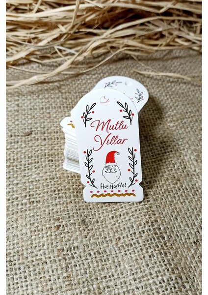 Noel Baba Temalı Yeni Yıl Etiketi - Mutlu Yıllar - Karton Yılbaşı Etiketi (3,5 x 6,5 Cm) 72 Adet
