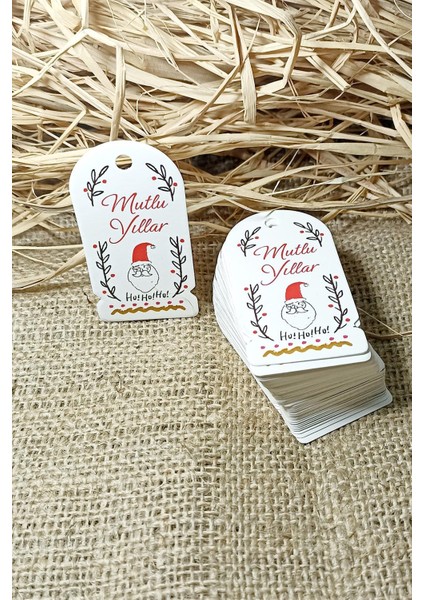 Noel Baba Temalı Yeni Yıl Etiketi - Mutlu Yıllar - Karton Yılbaşı Etiketi (3,5 x 6,5 Cm) 72 Adet