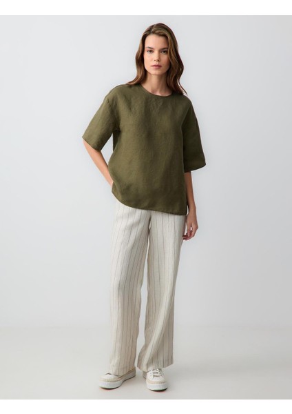 Taş Rahat Kesim Yüksek Bel Bol Paça Çizgili Keten Pantolon