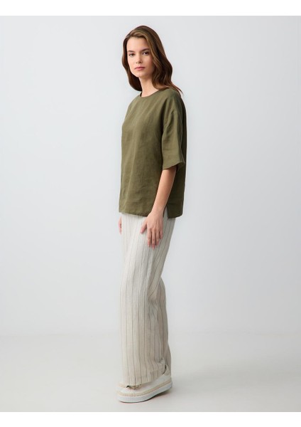 Taş Rahat Kesim Yüksek Bel Bol Paça Çizgili Keten Pantolon fiyatları