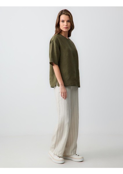 Taş Rahat Kesim Yüksek Bel Bol Paça Çizgili Keten Pantolon modelleri