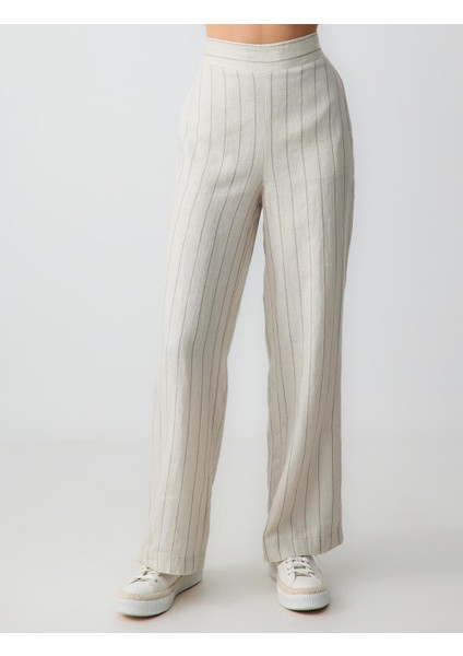 Taş Rahat Kesim Yüksek Bel Bol Paça Çizgili Keten Pantolon fırsatları