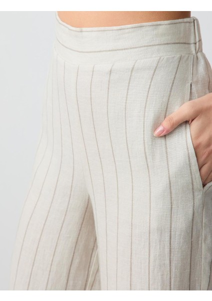 Taş Rahat Kesim Yüksek Bel Bol Paça Çizgili Keten Pantolon indirimleri