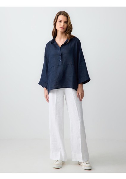 Beyaz Rahat Kesim Yüksek Bel Bol Paça Bağcıklı Keten Pantolon