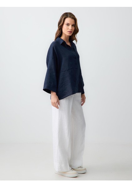 Beyaz Rahat Kesim Yüksek Bel Bol Paça Bağcıklı Keten Pantolon fiyatları