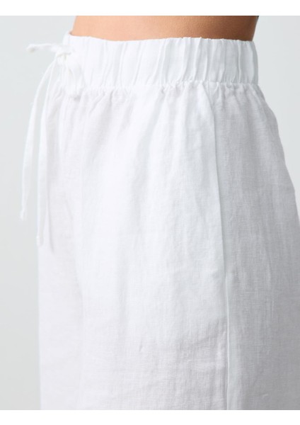 Beyaz Rahat Kesim Yüksek Bel Bol Paça Bağcıklı Keten Pantolon indirimleri