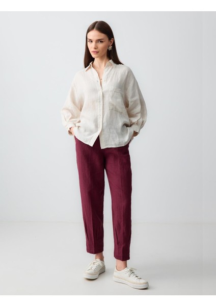 Bordo Yüksek Bel Dar Paça Dokuma Keten Pantolon