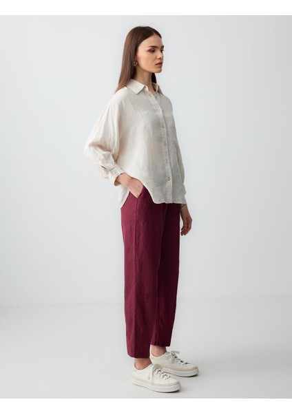 Bordo Yüksek Bel Dar Paça Dokuma Keten Pantolon fiyatları