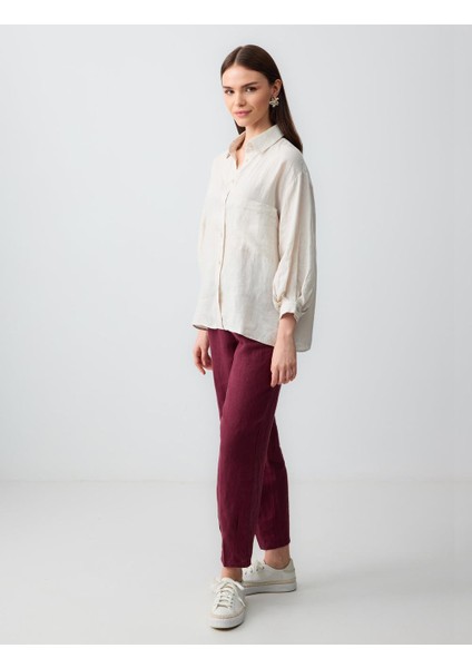 Bordo Yüksek Bel Dar Paça Dokuma Keten Pantolon modelleri