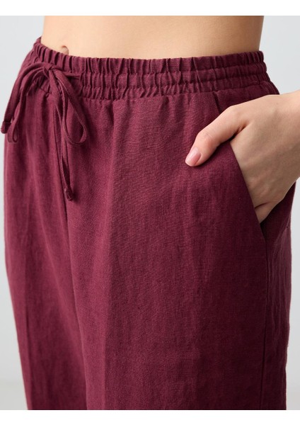 Bordo Yüksek Bel Dar Paça Dokuma Keten Pantolon indirimleri