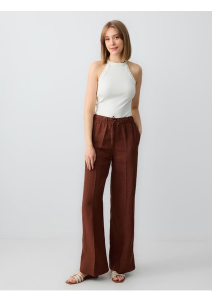 Acı Kahve Rahat Kesim Yüksek Bel Bol Paça Bağcıklı Keten Pantolon