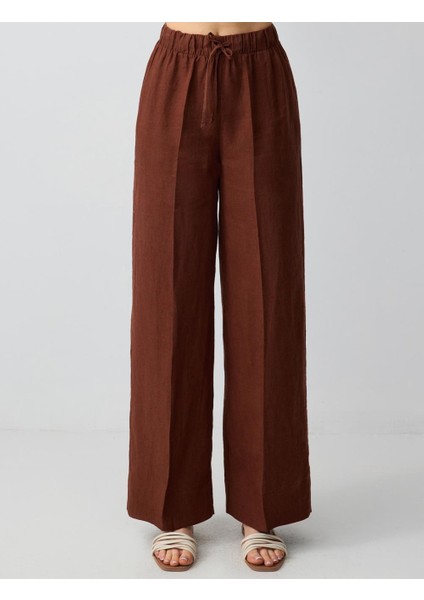 Acı Kahve Rahat Kesim Yüksek Bel Bol Paça Bağcıklı Keten Pantolon fırsatları